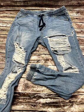 8th of LA Women's Size Large Distressed Jogger Denim Ripped Elastic Jeans